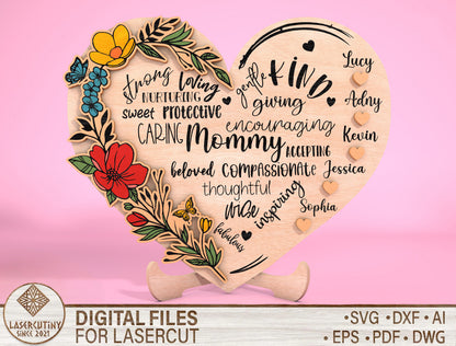 Mom Heart Name Floral Word Art Sign SVG for Glowforge and xTool