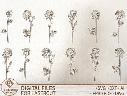 Rose Flower Elegant Stem Outline SVG Laser Cut File for xTool