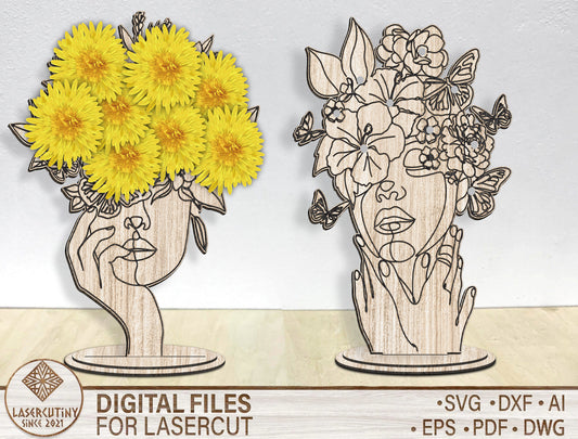 Abstract Floral Face Stand SVG Artistic Woman Line Art for Glowforge