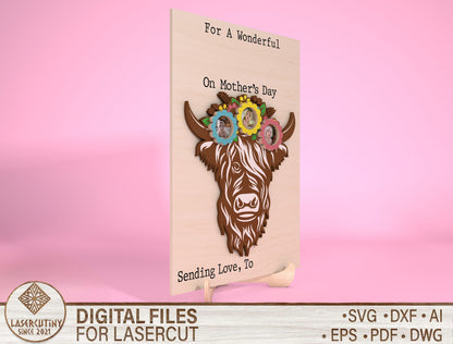 Highland Cow Mom Photo Frame SVG Bundle Laser Cut File for Glowforge and xTool