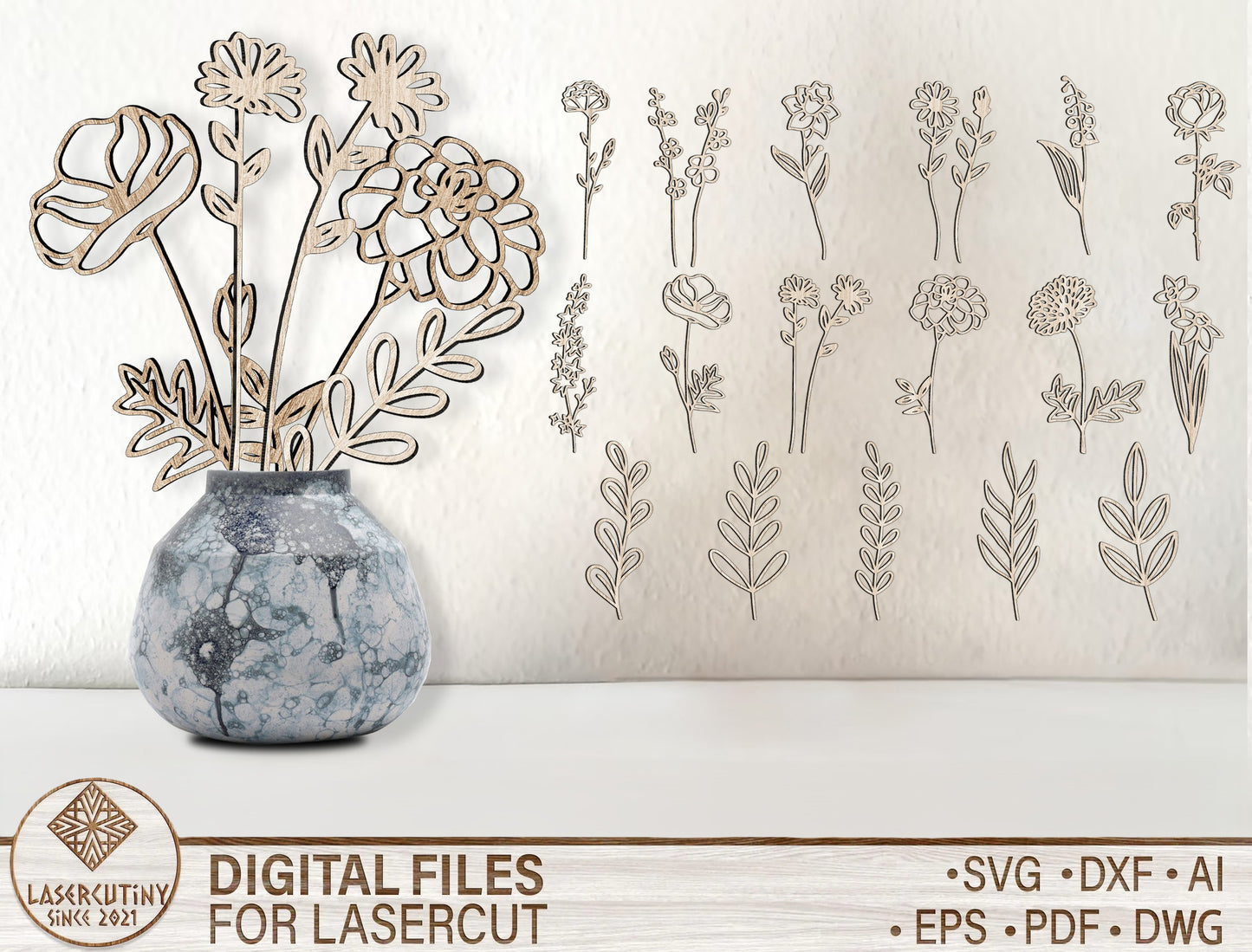 Birth Month Flower SVG Bundle Minimal Line Art for Glowforge and xTool