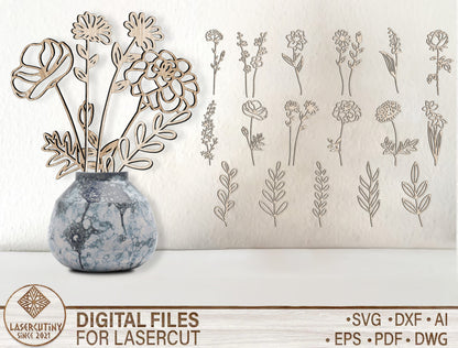 Birth Month Flower SVG Bundle Minimal Line Art for Glowforge and xTool