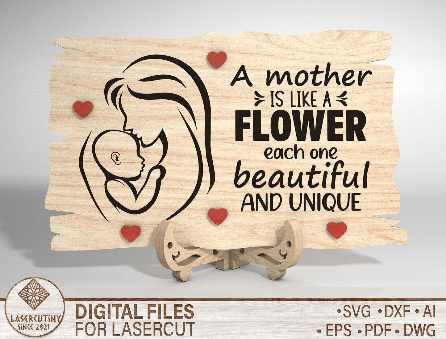 Mother and Child Line Art Wooden Sign SVG Laser Cut File for Glowforge and LightBurn