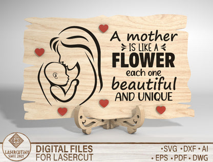 Mother and Child Line Art Wooden Sign SVG Laser Cut File for Glowforge and LightBurn