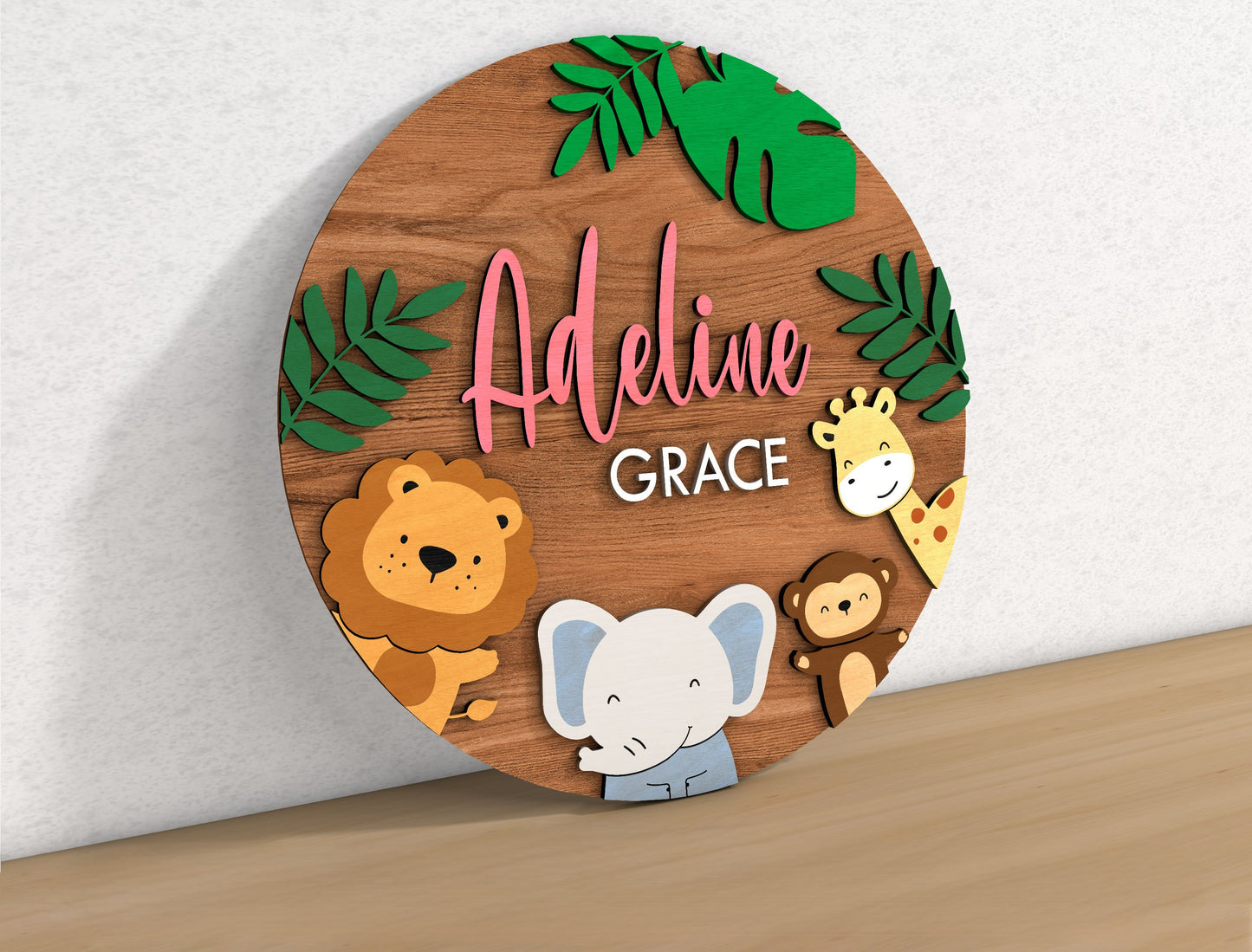 Personalized Baby Name Round Sign | Safari Nursery Name Sign SVG | Wooden Kids Room Decor Laser Cut File