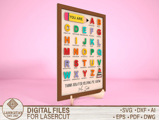 Teacher Alphabet Wall Art SVG Wooden ABC Classroom Decor Laser Cut File for Glowforge and xTool