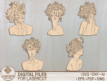 Floral Woman Bust Stand SVG Elegant Botanical Line Art for xTool