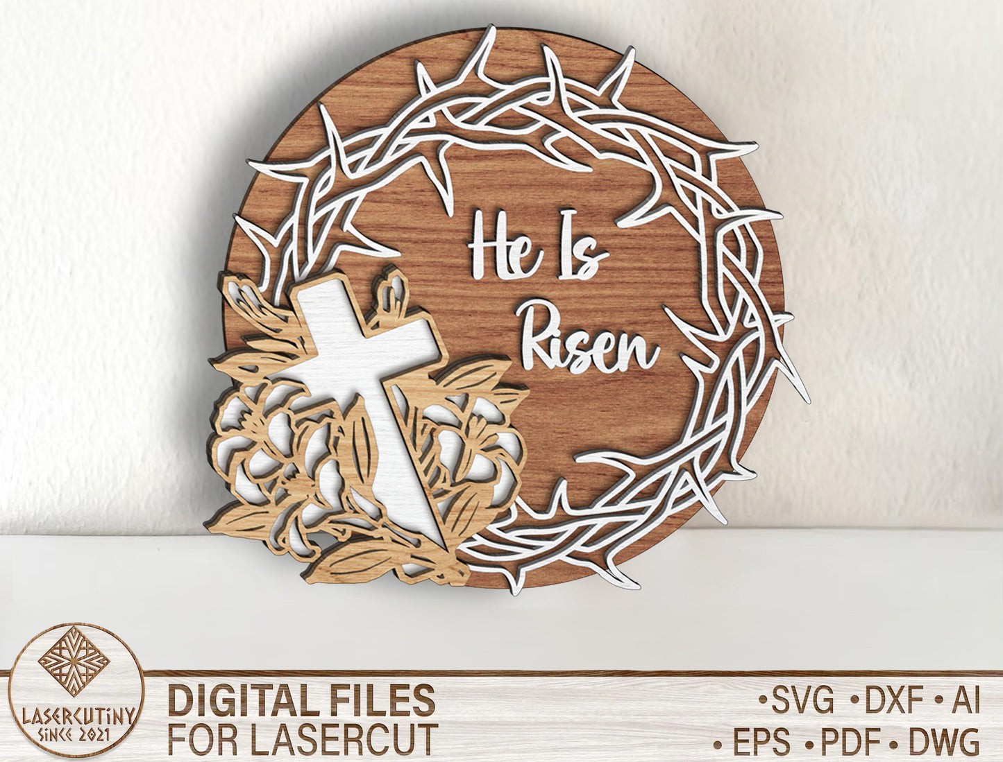 He Is Risen Door Hanger SVG Christian Easter Cross for Glowforge and xTool