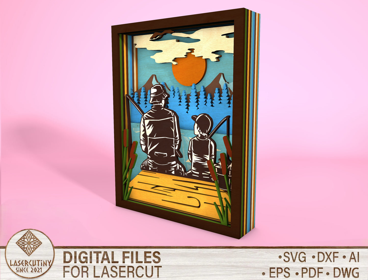 Multilayer Fishing Father Child Sign SVG Laser Cut File for Glowforge and LightBurn