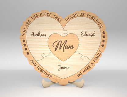 Custom Name Mom Puzzle Heart Sign SVG for Glowforge and xTool