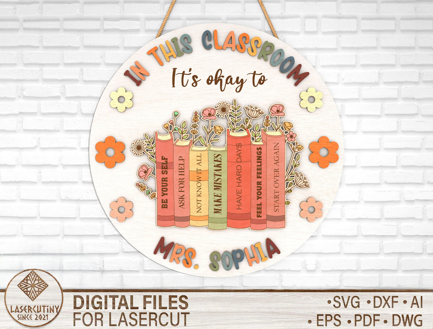 Personalized Book Stack Classroom Door Sign SVG Laser Cut File for Glowforge and xTool
