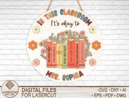 Personalized Book Stack Classroom Door Sign SVG Laser Cut File for Glowforge and xTool