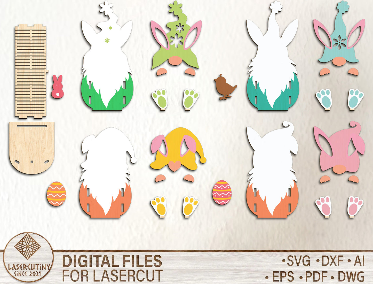 Cute Bunny Gnome Egg Basket Holder SVG Bundle 10 Designs for Glowforge and xTool