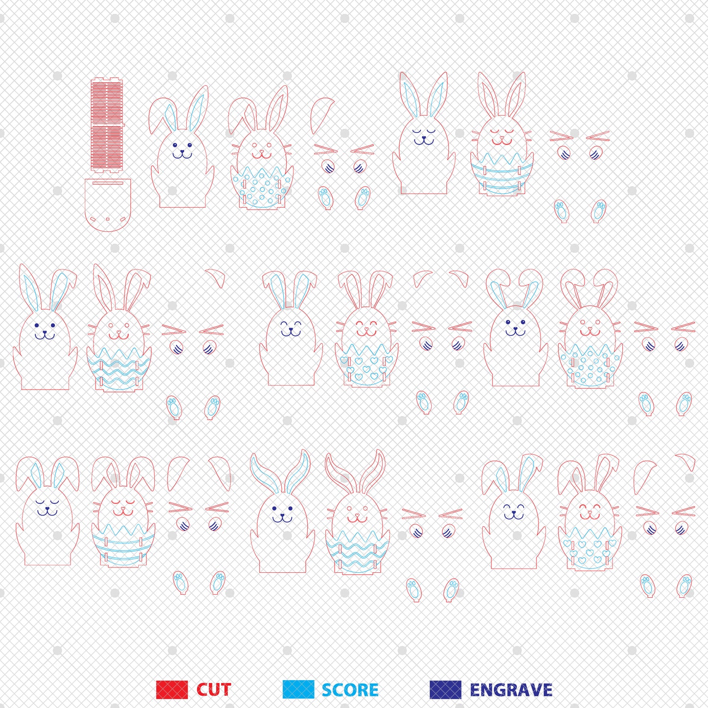 Playful Bunny Egg Holder Stand SVG Bundle 8 Designs for Glowforge and xTool