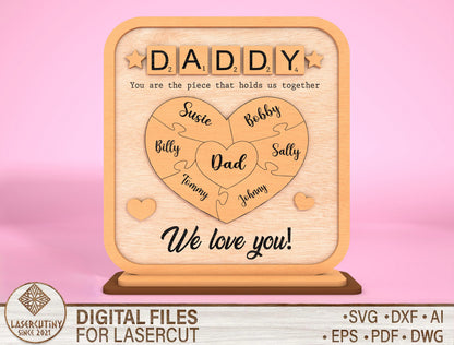 Personalized Dad Puzzle Heart Kids Names SVG for Glowforge and xTool