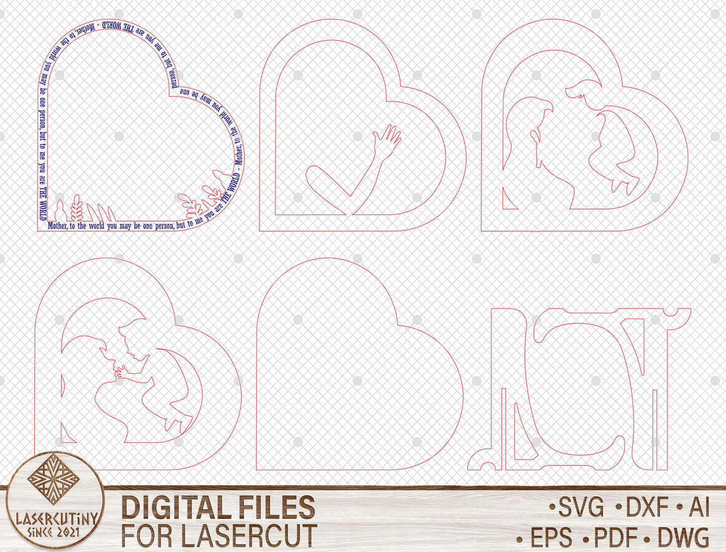 Mother and Child Silhouette SVG Heart Arch Wood Sign for Glowforge