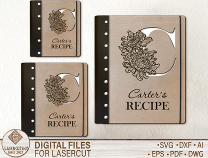 Alphabet Floral Recipe Book SVG Personalized Cookbook for Glowforge