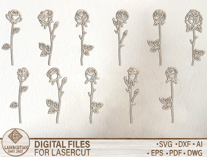Rose Flower Elegant Stem Outline SVG Laser Cut File for xTool