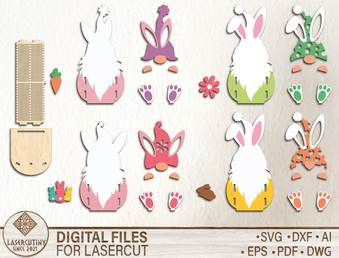 Cute Bunny Gnome Egg Basket Holder SVG Bundle 10 Designs for Glowforge and xTool