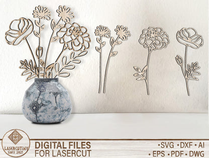 Birth Month Flower SVG Bundle Minimal Line Art for Glowforge and xTool