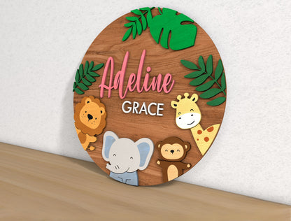 Personalized Baby Name Round Sign | Safari Nursery Name Sign SVG | Wooden Kids Room Decor Laser Cut File