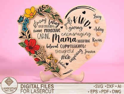 Mom Heart Name Floral Word Art Sign SVG for Glowforge and xTool