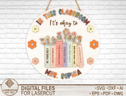 Personalized Book Stack Classroom Door Sign SVG Laser Cut File for Glowforge and xTool