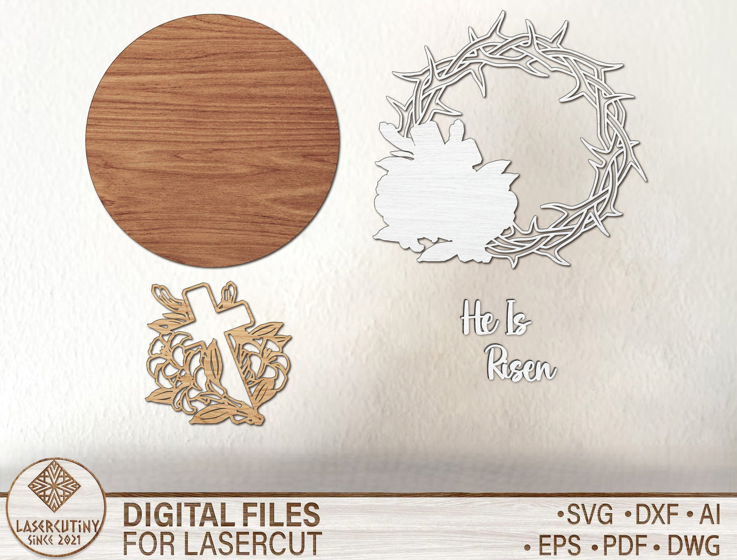He Is Risen Door Hanger SVG Christian Easter Cross for Glowforge and xTool