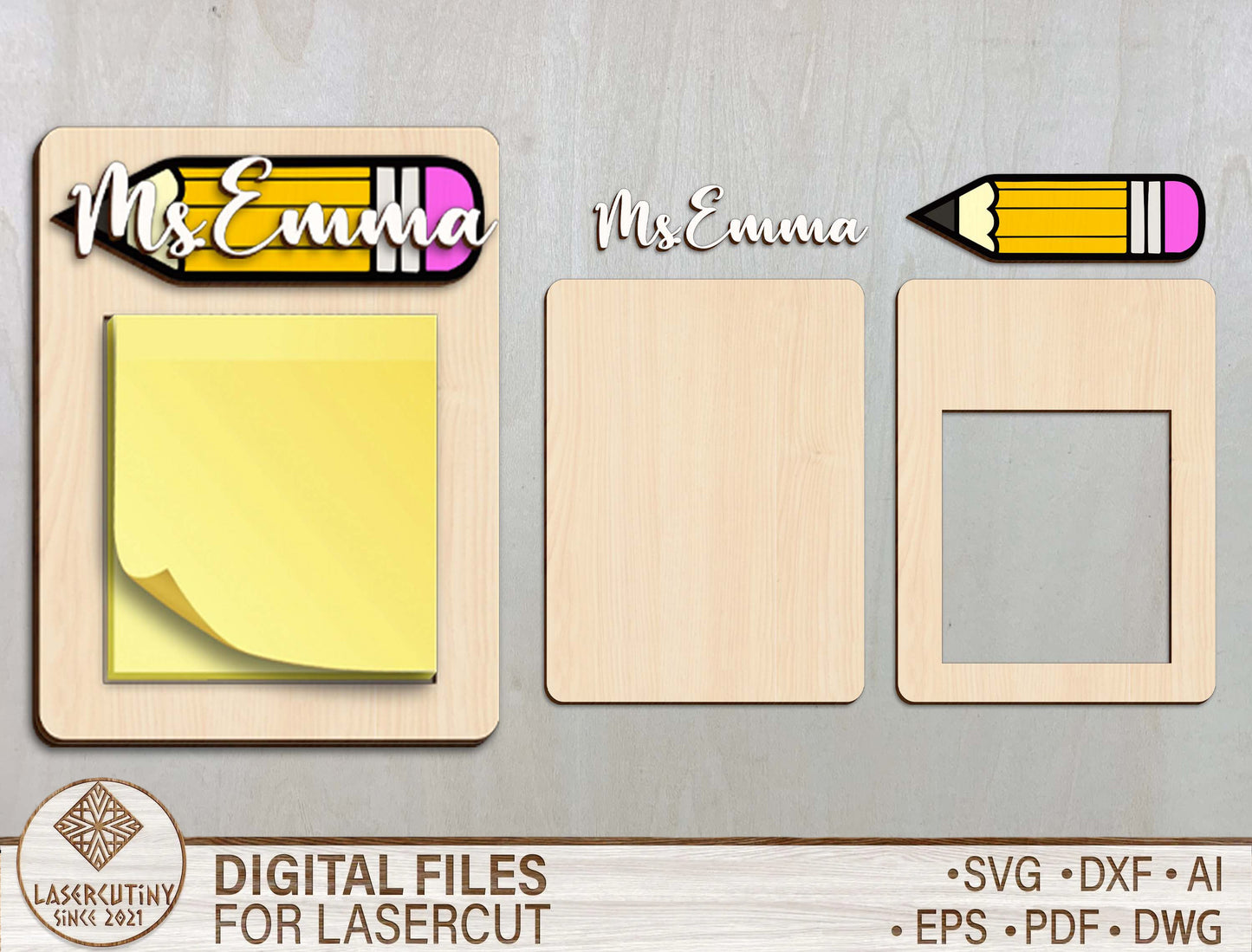 Personalized Teacher Sticky Note Holder SVG Laser Cut File for Glowforge and xTool