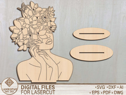 Floral Woman Bust Stand SVG Elegant Botanical Line Art for xTool