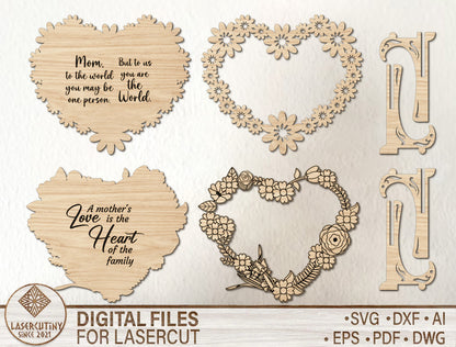 Floral Heart Mom Wooden Sign SVG Mother's Day Quote Laser Cut File for xTool and Glowforge