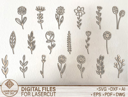 Floral Elements SVG Bundle Minimal Botanical Line Art for LightBurn