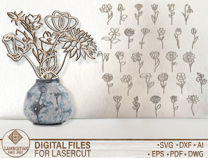 Minimal Botanical Flower Line Art SVG Laser Cut File for Glowforge