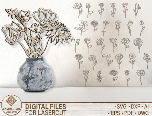 Minimal Botanical Flower Line Art SVG Laser Cut File for Glowforge