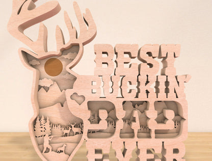 Best Buckin Dad Ever Laser Cut File | Hunting Dad Multilayer Decor | Layered Wooden Shadow Box | Glowforge, xTool, LightBurn, etc.