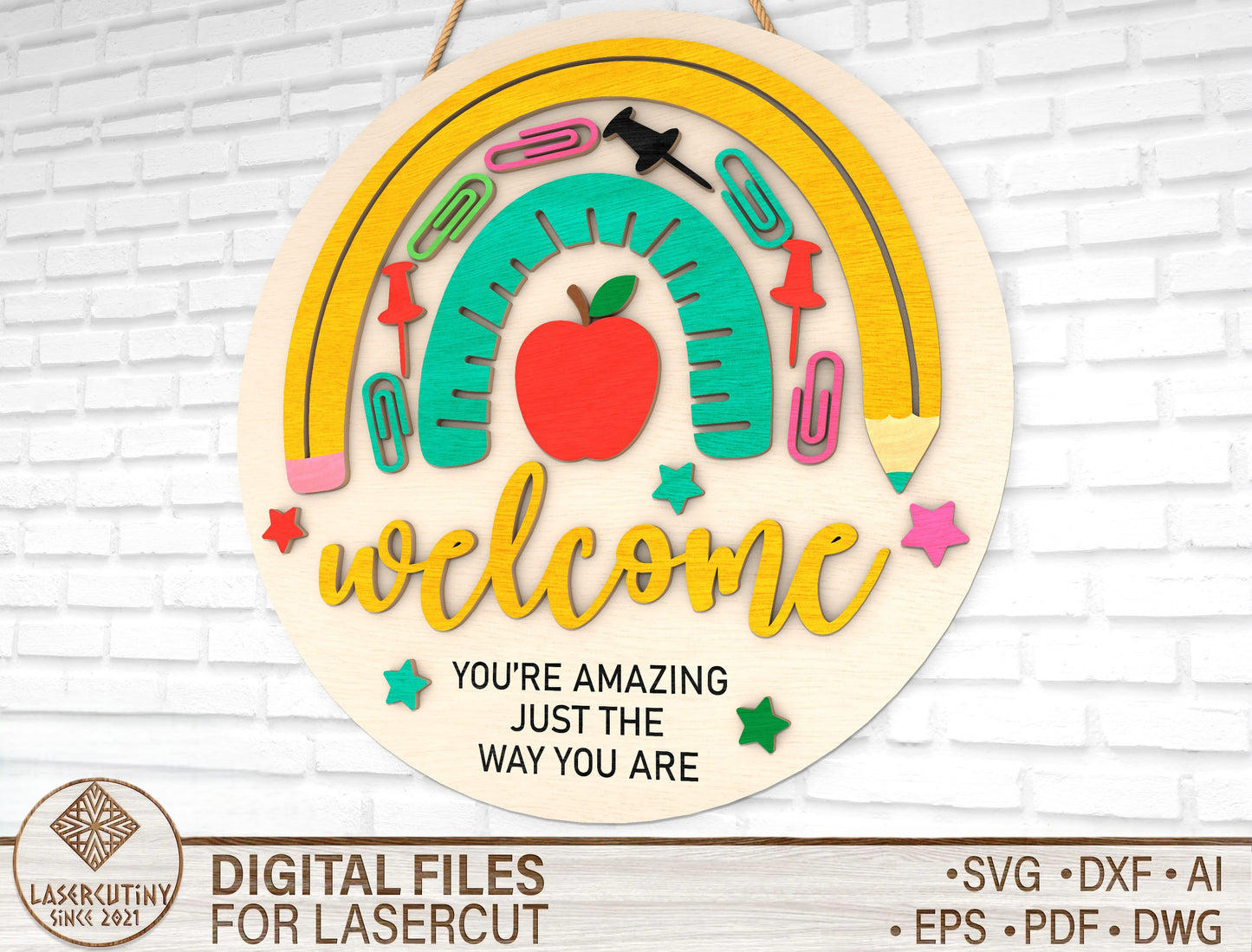 Personalized Rainbow Classroom Door Sign SVG – Cute Teacher Welcome Decor – Laser Cut File