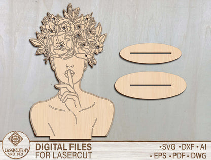 Floral Woman Bust Stand SVG Elegant Botanical Line Art for xTool