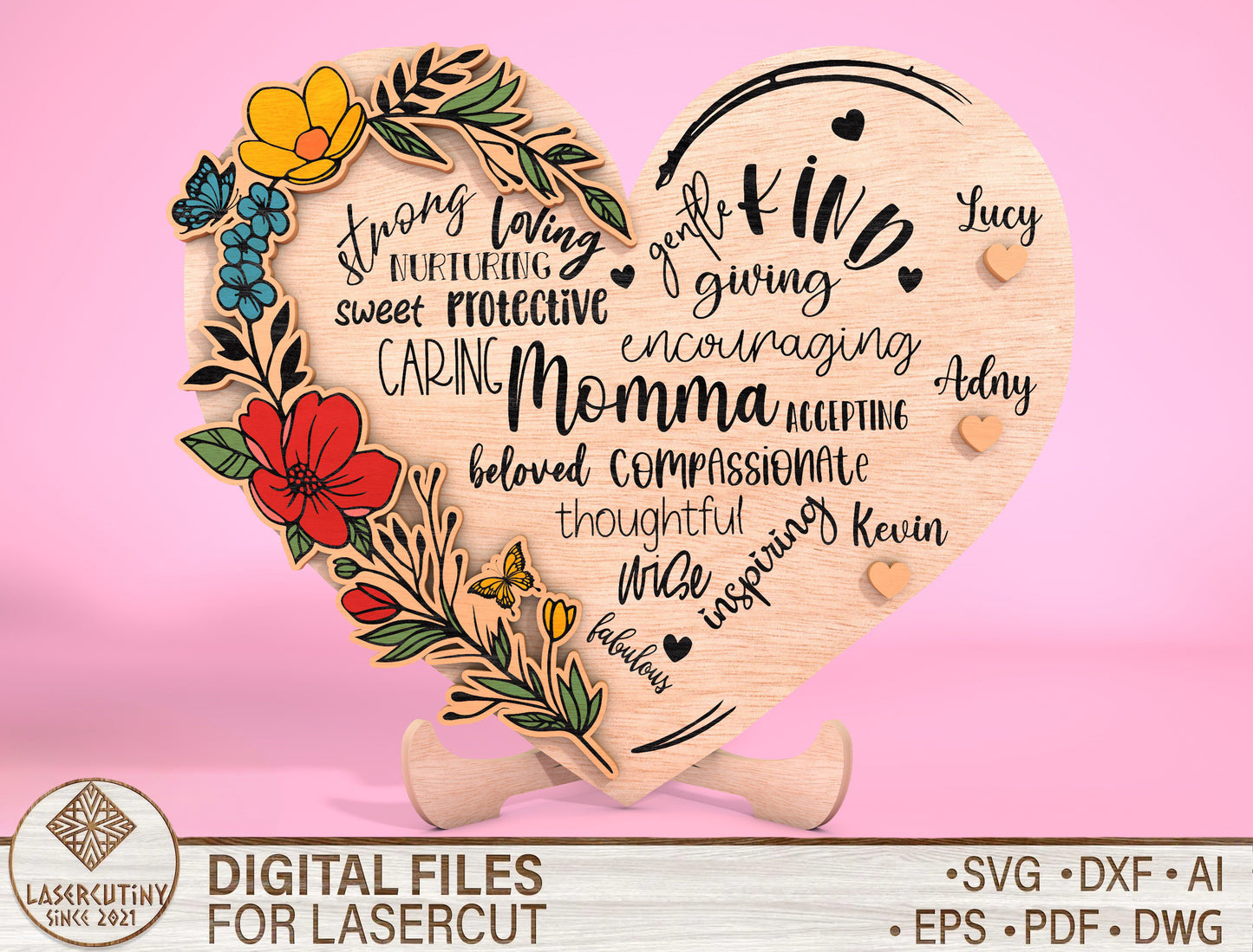 Mom Heart Name Floral Word Art Sign SVG for Glowforge and xTool
