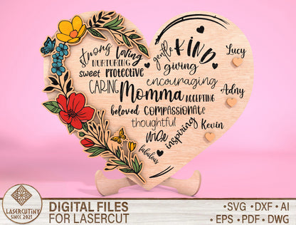 Mom Heart Name Floral Word Art Sign SVG for Glowforge and xTool