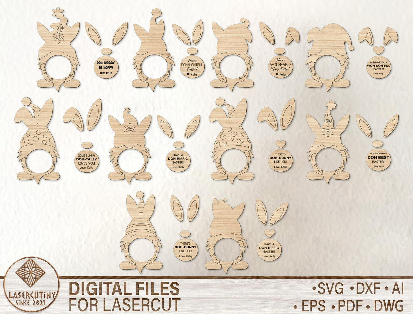 Playful Bunny Gnome Easter Sign SVG Bundle 8 Designs for LightBurn and xTool