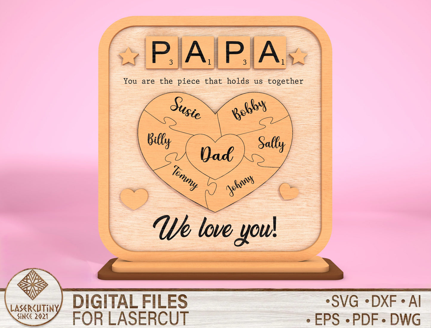 Personalized Dad Puzzle Heart Kids Names SVG for Glowforge and xTool
