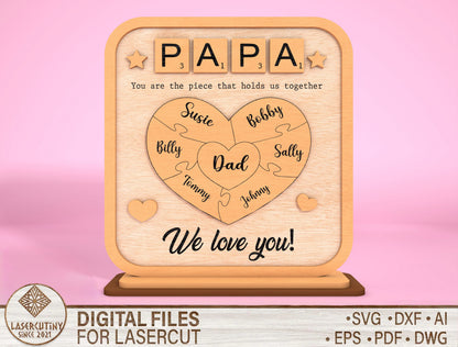 Personalized Dad Puzzle Heart Kids Names SVG for Glowforge and xTool