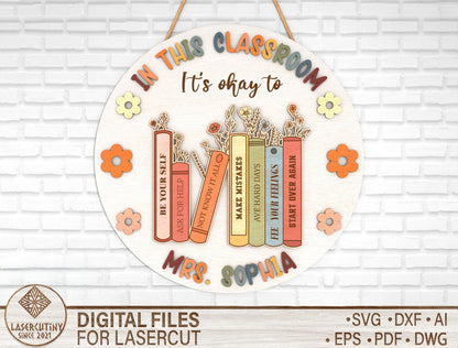 Personalized Book Stack Classroom Door Sign SVG Laser Cut File for Glowforge and xTool