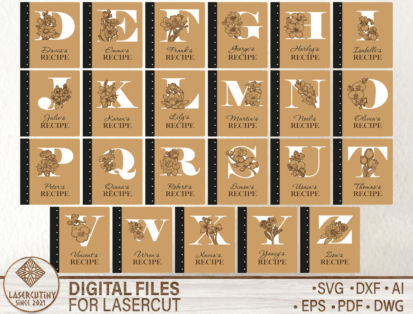 Alphabet Floral Recipe Book SVG Personalized Cookbook for Glowforge