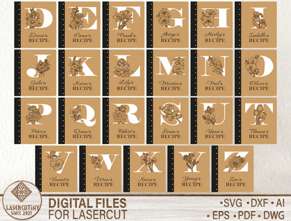 Alphabet Floral Recipe Book SVG Personalized Cookbook for Glowforge