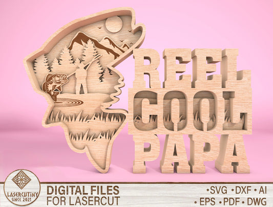 Real Cool Papa Fishing Multilayer SVG Laser Cut File for Glowforge