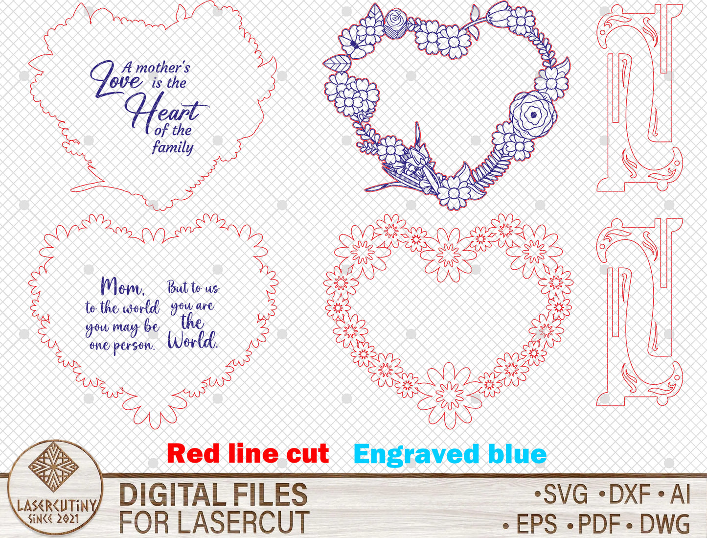 Floral Heart Mom Wooden Sign SVG Mother's Day Quote Laser Cut File for xTool and Glowforge