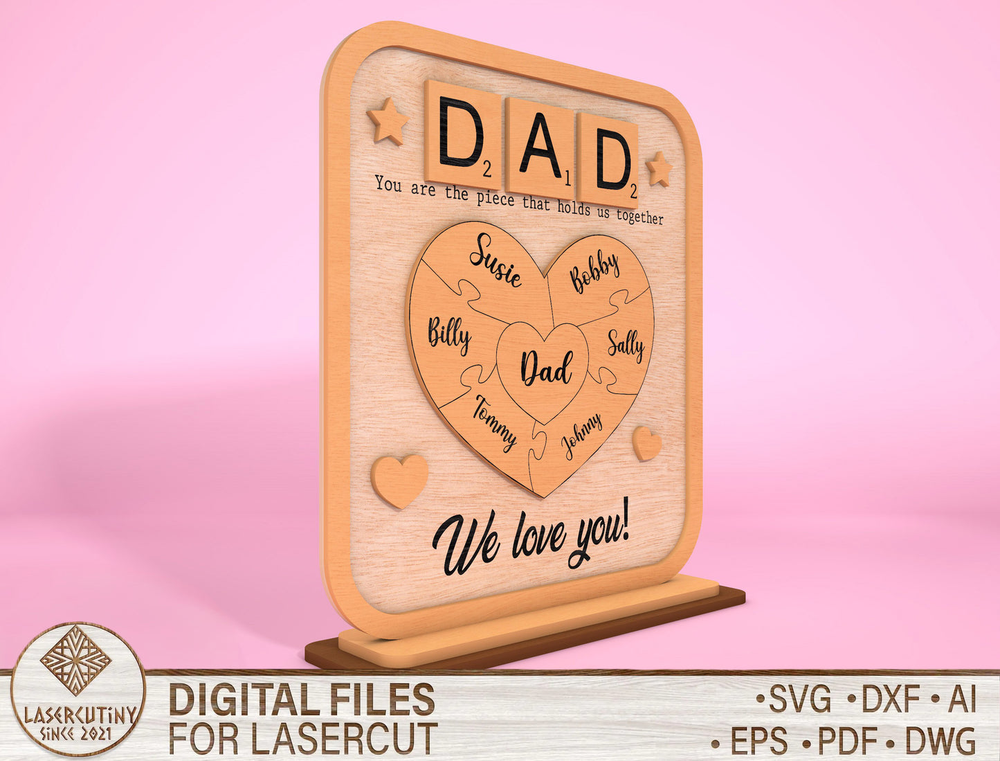 Personalized Dad Puzzle Heart Kids Names SVG for Glowforge and xTool