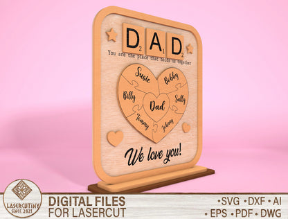 Personalized Dad Puzzle Heart Kids Names SVG for Glowforge and xTool