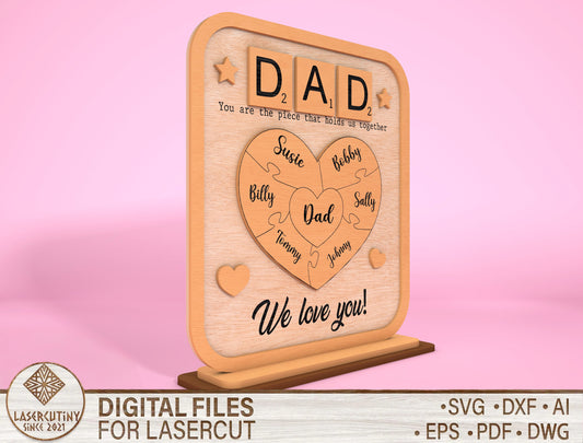 Personalized Dad Puzzle Heart Kids Names SVG for Glowforge and xTool